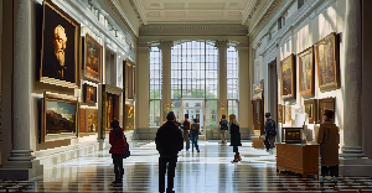 Interior of the Detroit Institute of Arts showcasing visitors admiring a variety of artworks in a well-lit gallery.