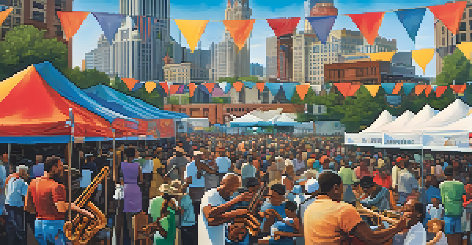 Crowd enjoying the Detroit Jazz Festival outdoors, with live music performances and colorful decorations against the city skyline.