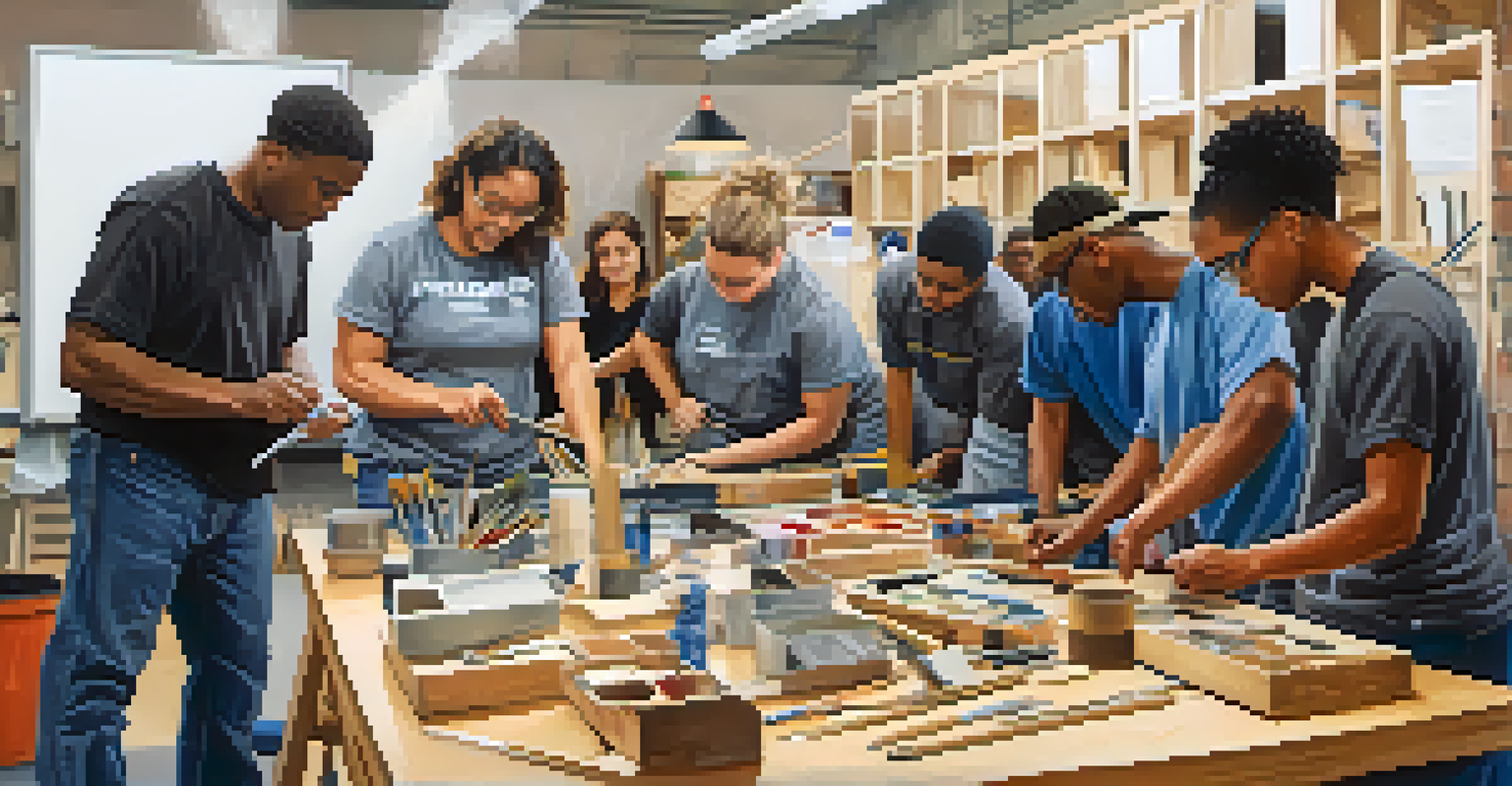 A job training workshop in Detroit with diverse adults learning hands-on skills in a collaborative environment.