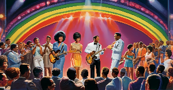 A lively concert scene from the 1960s showcasing diverse musicians performing on stage with colorful lights, surrounded by an engaged audience.