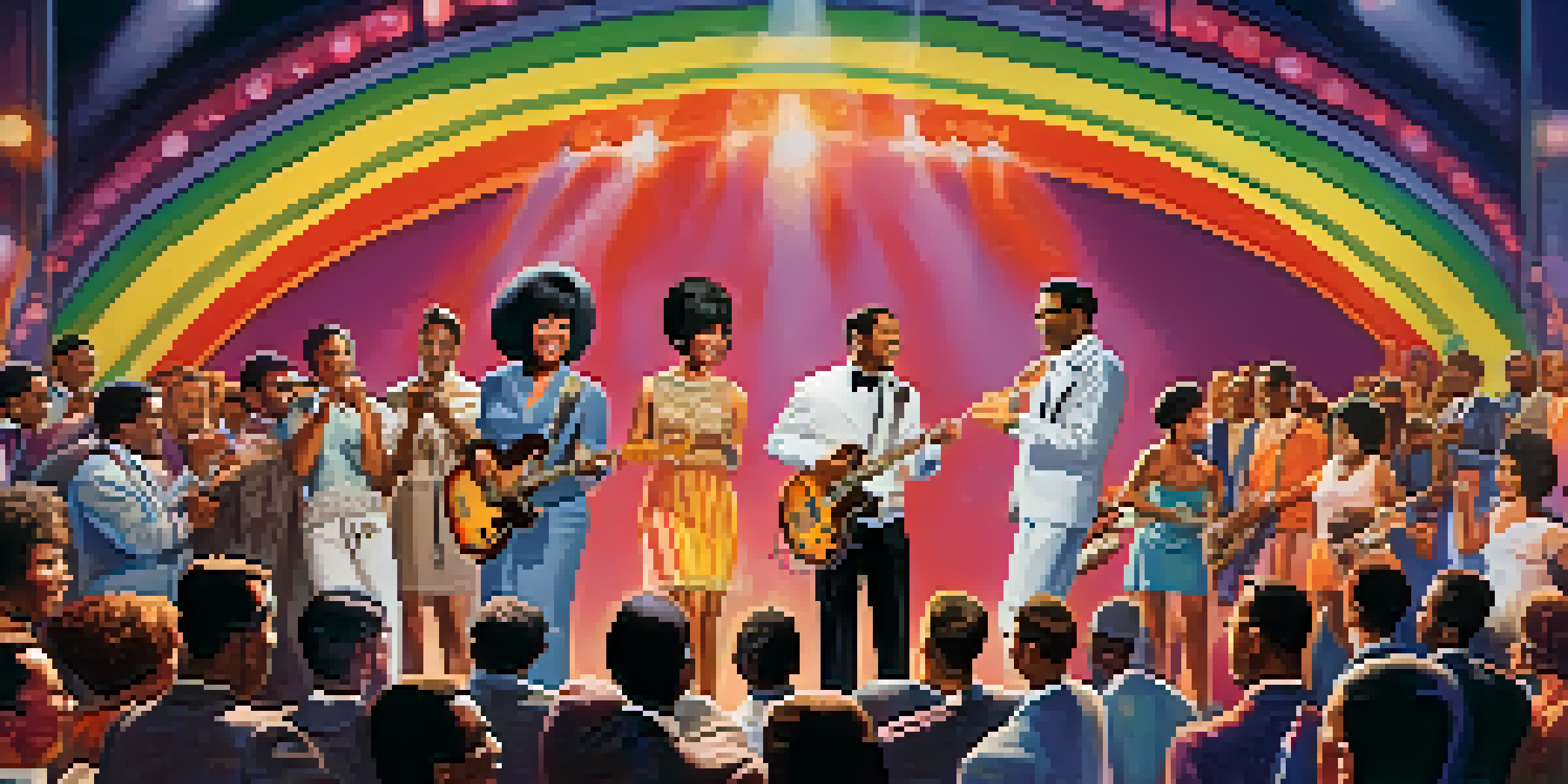 A lively concert scene from the 1960s showcasing diverse musicians performing on stage with colorful lights, surrounded by an engaged audience.
