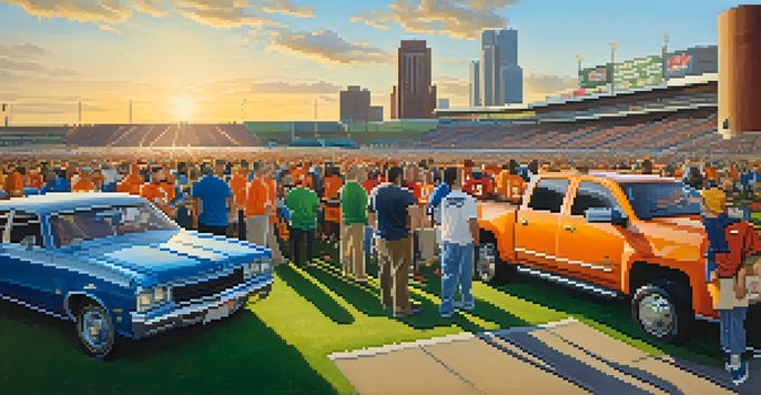 A diverse group of fans wearing team jerseys tailgating in a parking lot before a football game, with grills and a warm sunset in the background.