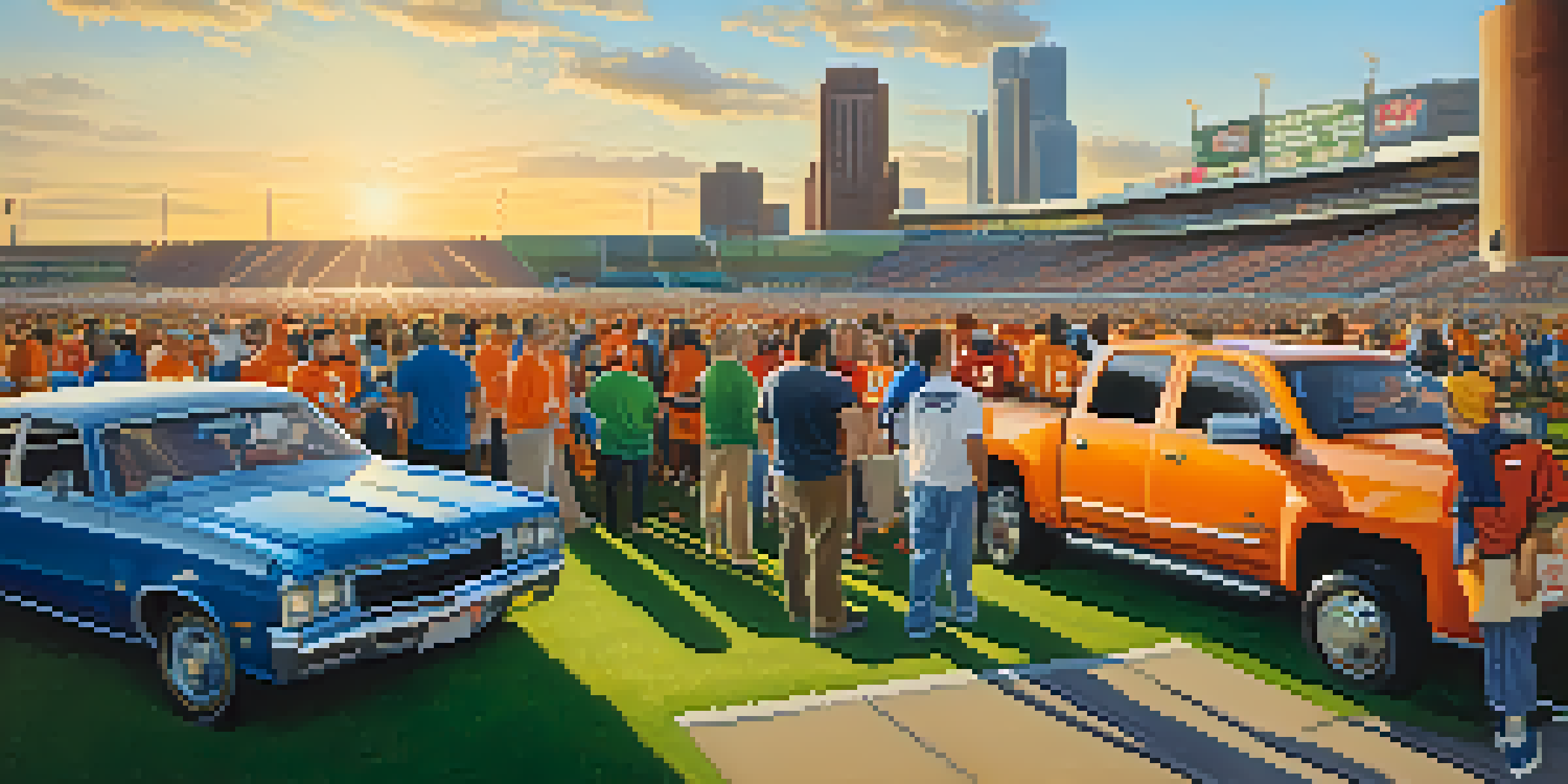 A diverse group of fans wearing team jerseys tailgating in a parking lot before a football game, with grills and a warm sunset in the background.