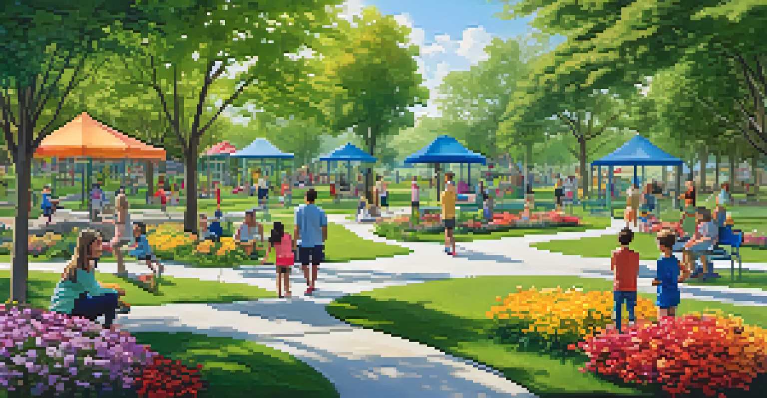 A lively suburban park with families picnicking, children playing, and joggers on a scenic path.