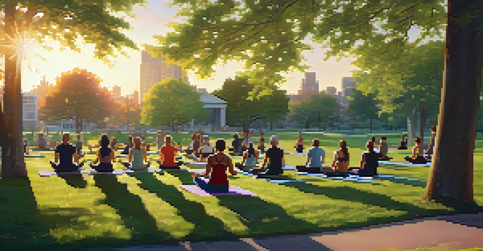 An evening yoga session in a Detroit park with participants practicing on a grassy field under a warm sunset, surrounded by trees and park benches.
