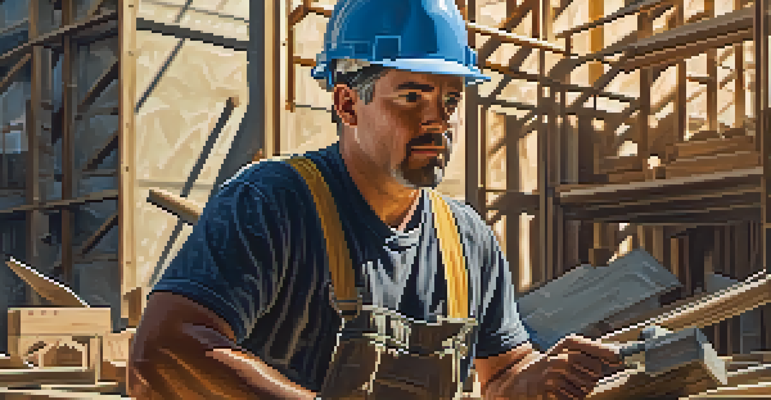 A skilled tradesperson intensely focused on their work at a construction site, with tools and materials in the background, illuminated by warm sunlight.