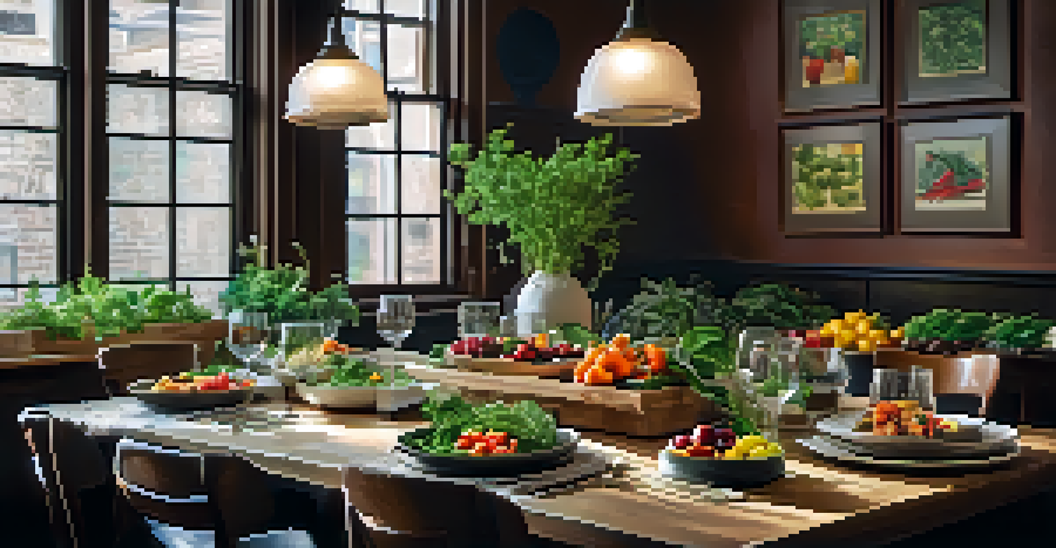 The interior of a farm-to-table restaurant in Detroit, featuring a beautifully arranged seasonal dish with fresh produce and an inviting atmosphere.