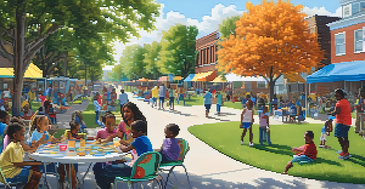 A community gathering in Detroit with families, children playing, and adults in a financial literacy workshop.