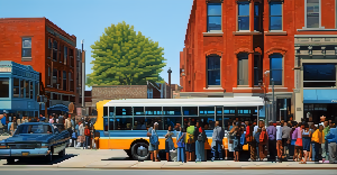 A bus stop in Detroit with diverse individuals waiting for transportation, surrounded by a mix of modern and historical buildings on a clear day.