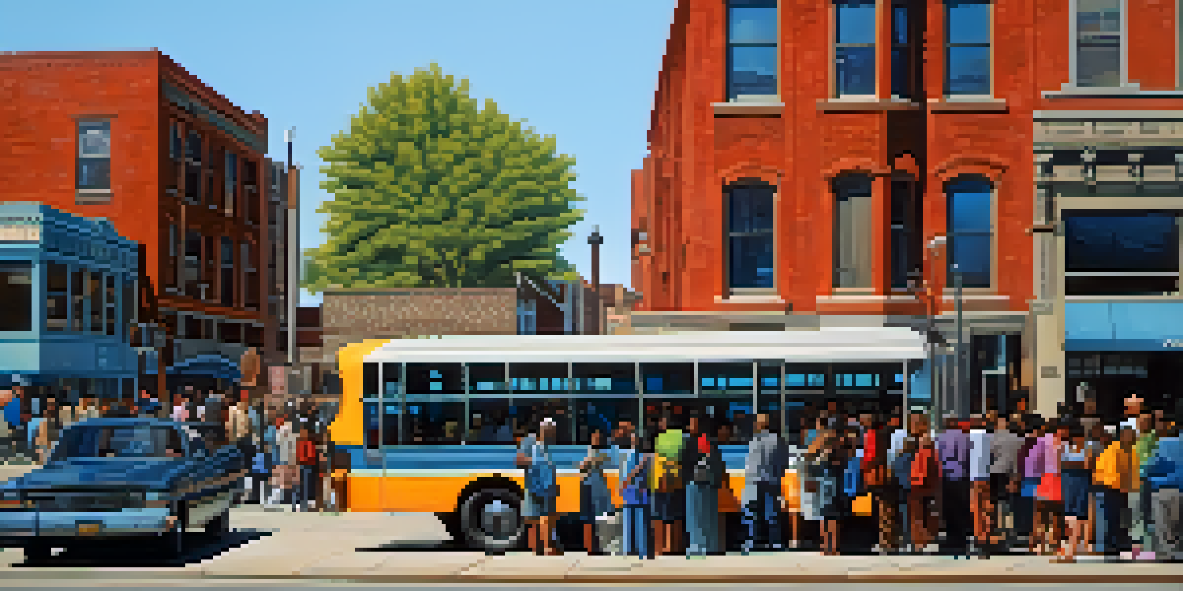 A bus stop in Detroit with diverse individuals waiting for transportation, surrounded by a mix of modern and historical buildings on a clear day.