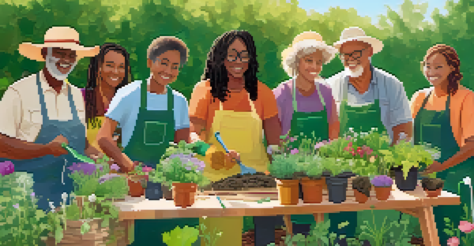 A close-up of a community gardening workshop where participants are planting and learning about sustainable gardening practices in a vibrant garden.