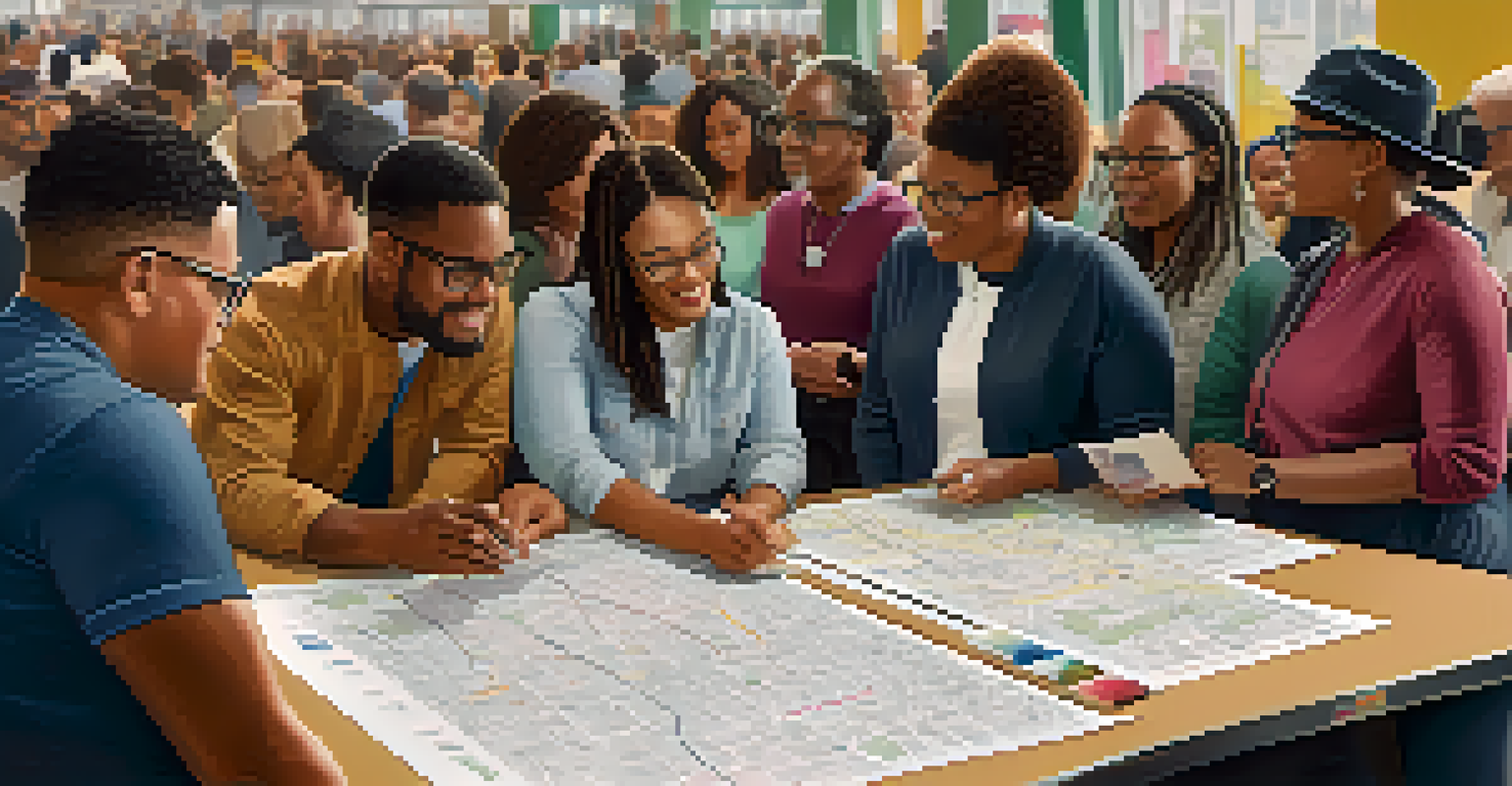 A diverse group of residents in a workshop discussing public transit improvements in Detroit, with charts and maps visible.