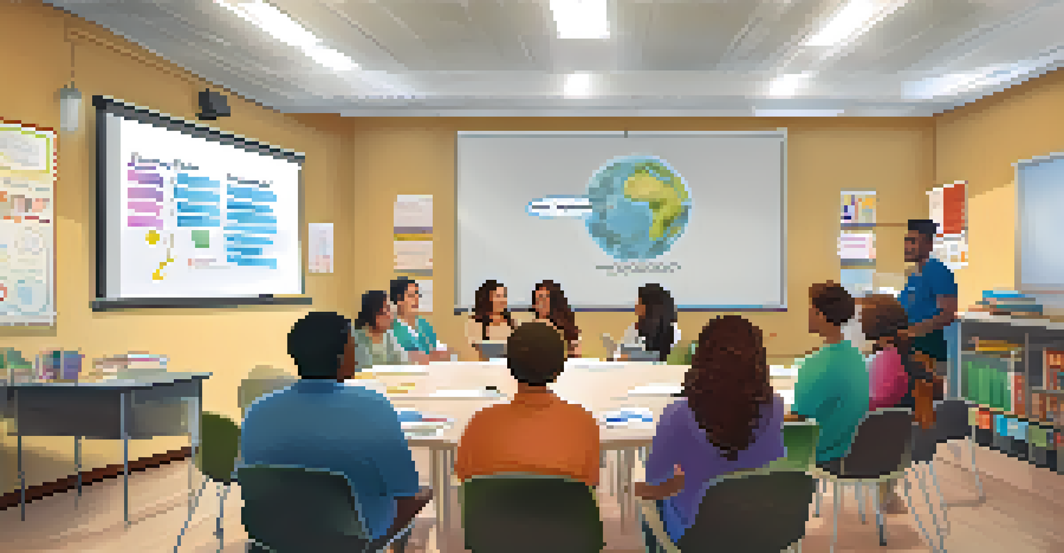 Teachers participating in a professional development session, discussing innovative teaching strategies in a warm and resourceful classroom.