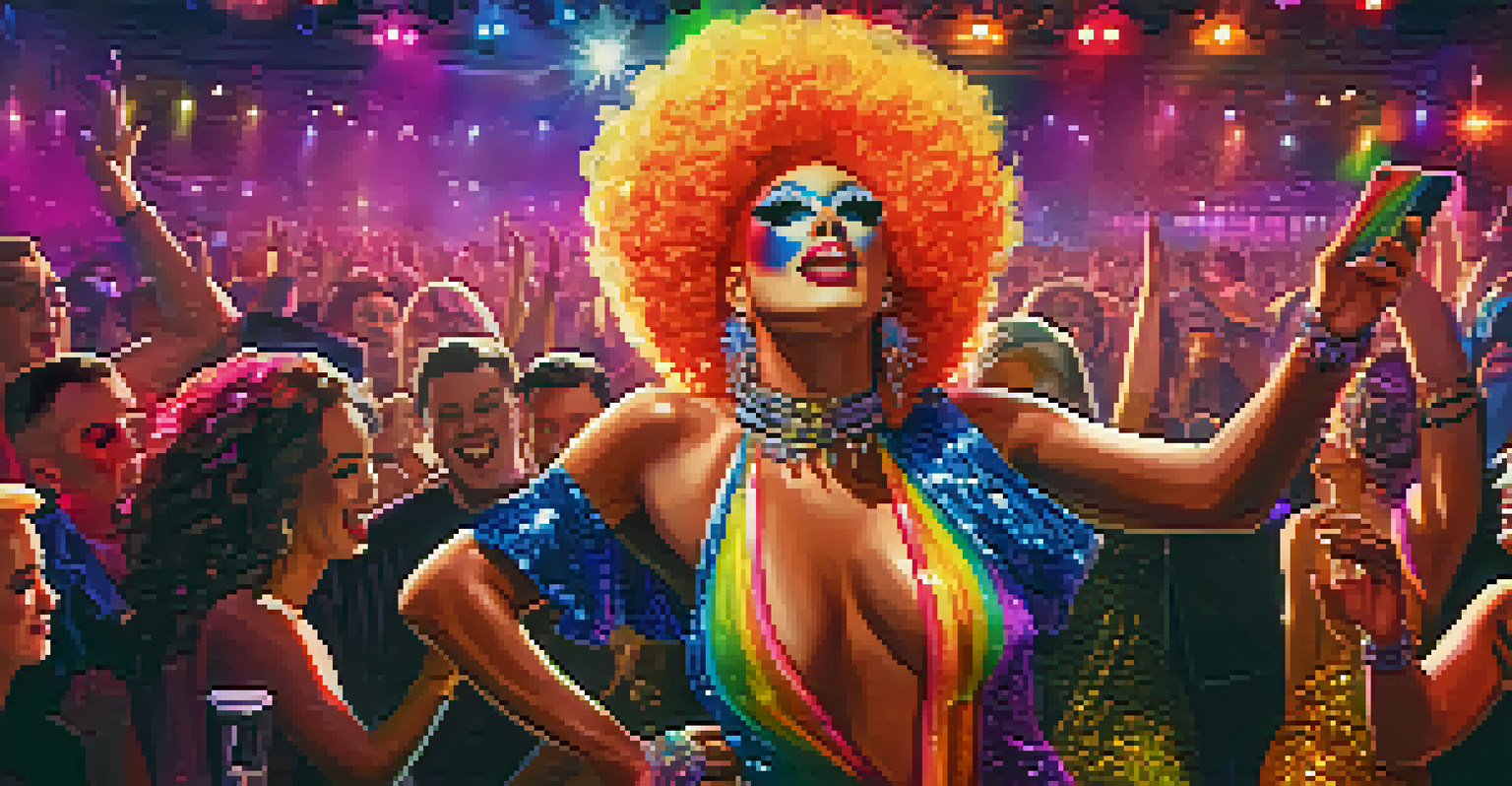 A vibrant drag show in an LGBTQ+ bar with a performer in an elaborate costume, colorful lights, and an excited audience.