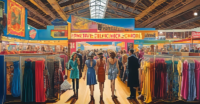 A colorful vintage fashion expo in Detroit with shoppers browsing through retro clothing from different decades, surrounded by vintage decorations and warm lighting.