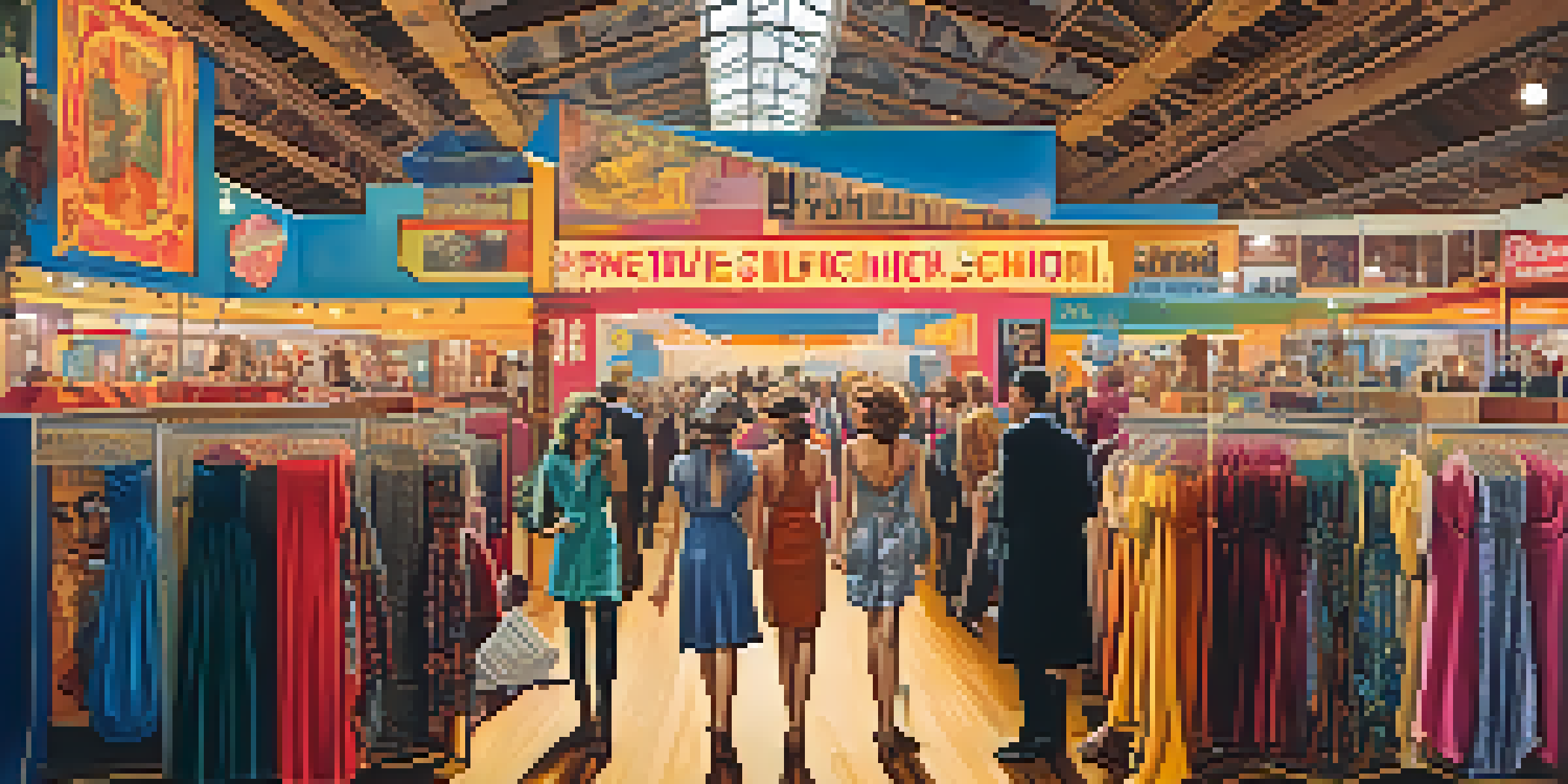 A colorful vintage fashion expo in Detroit with shoppers browsing through retro clothing from different decades, surrounded by vintage decorations and warm lighting.