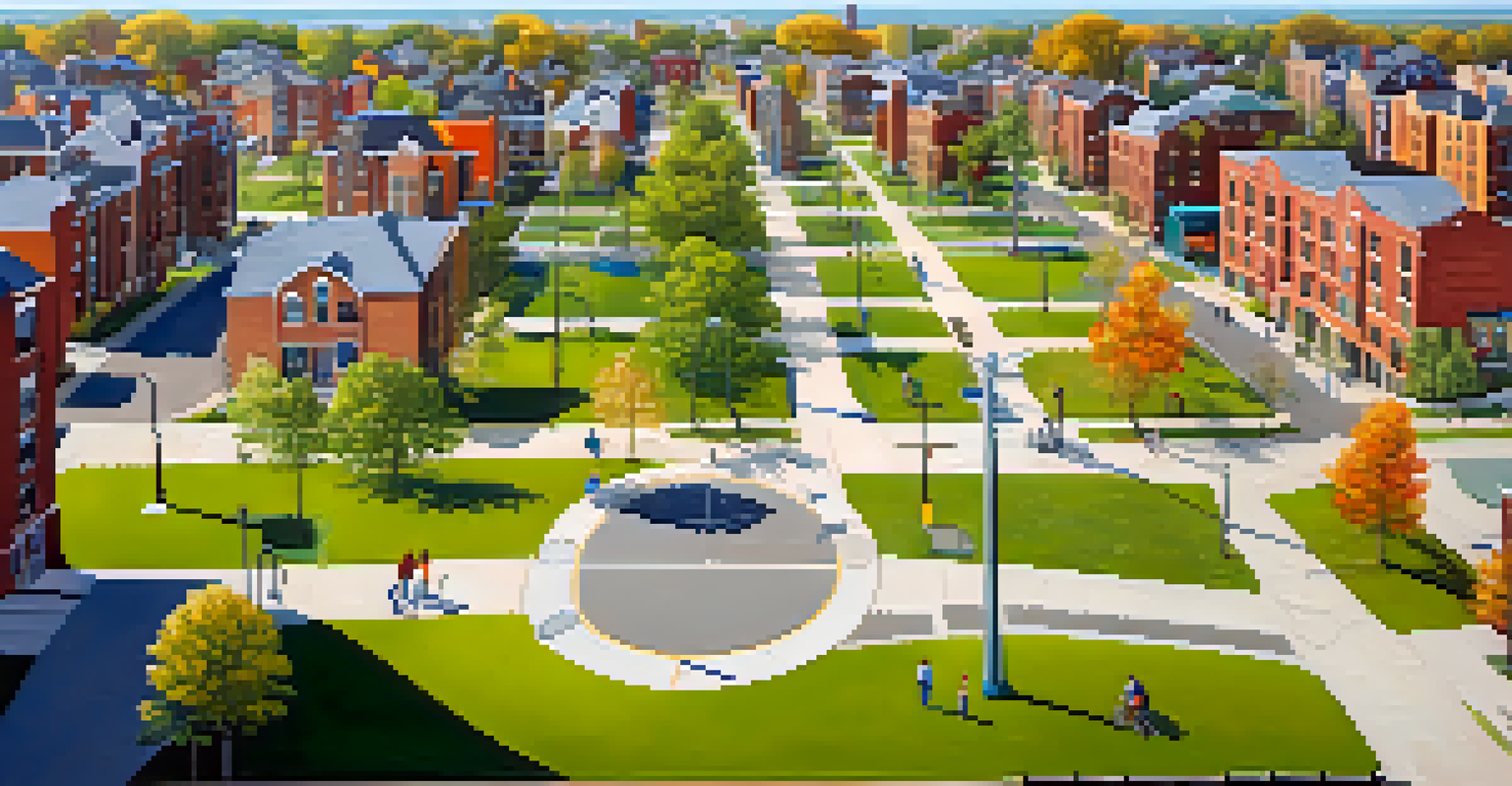 Aerial view of a revitalized Detroit neighborhood featuring parks and families enjoying outdoor spaces.
