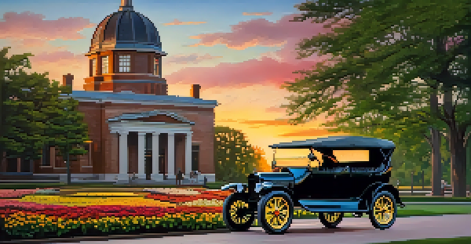 A restored vintage Ford Model T in front of the Henry Ford Museum during sunset, with vibrant colors and gardens in view.