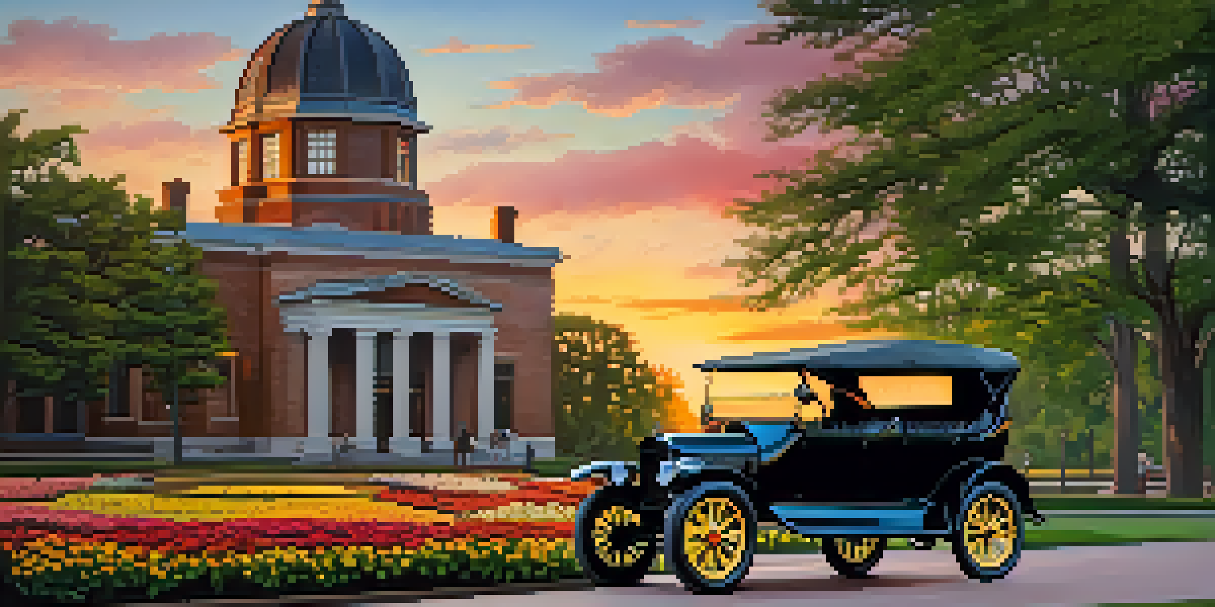 A restored vintage Ford Model T in front of the Henry Ford Museum during sunset, with vibrant colors and gardens in view.