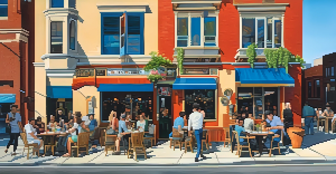A busy street in Greektown, Detroit, featuring colorful murals, outdoor cafes, and people enjoying Greek food under a bright sky.