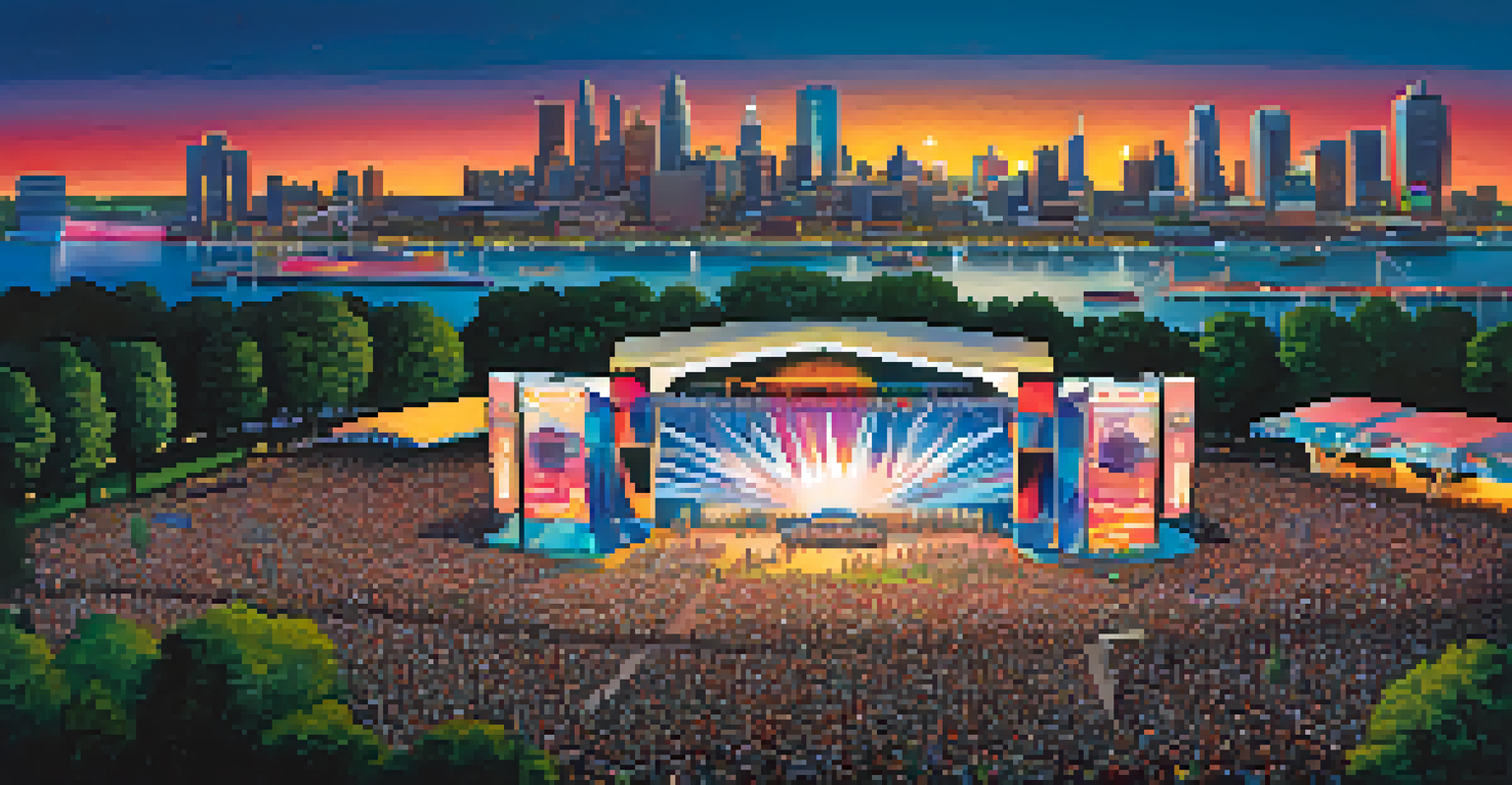 An aerial view of the Detroit Electronic Music Festival showing a large illuminated stage and a dancing crowd in a city park surrounded by iconic buildings.