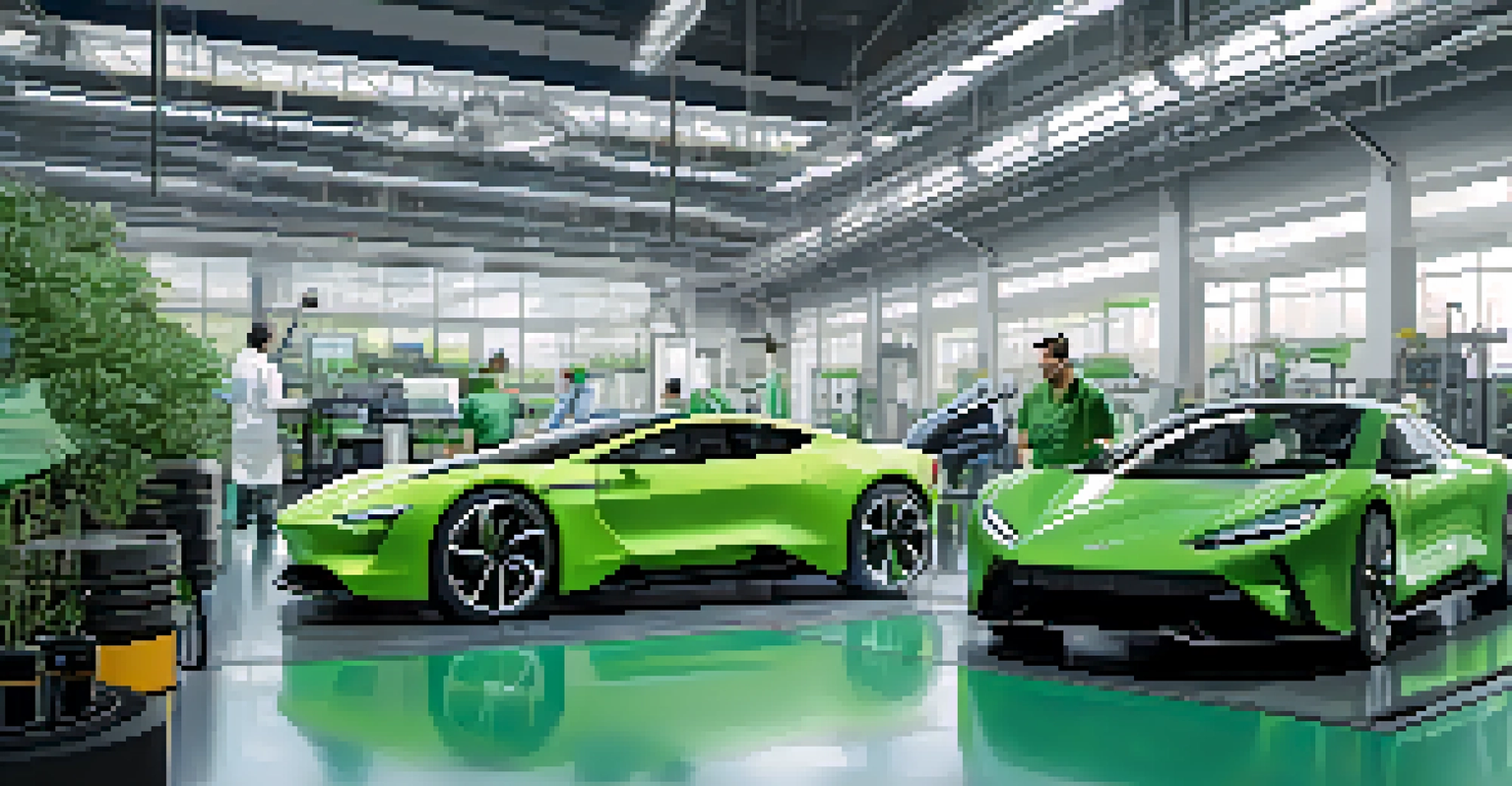 A contemporary automotive workshop with technicians servicing electric vehicles and advanced technology.
