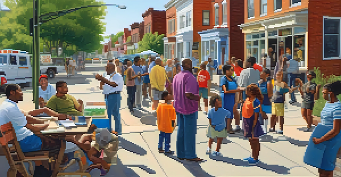 A lively community meeting in Detroit with diverse residents discussing neighborhood safety on a sunny day.