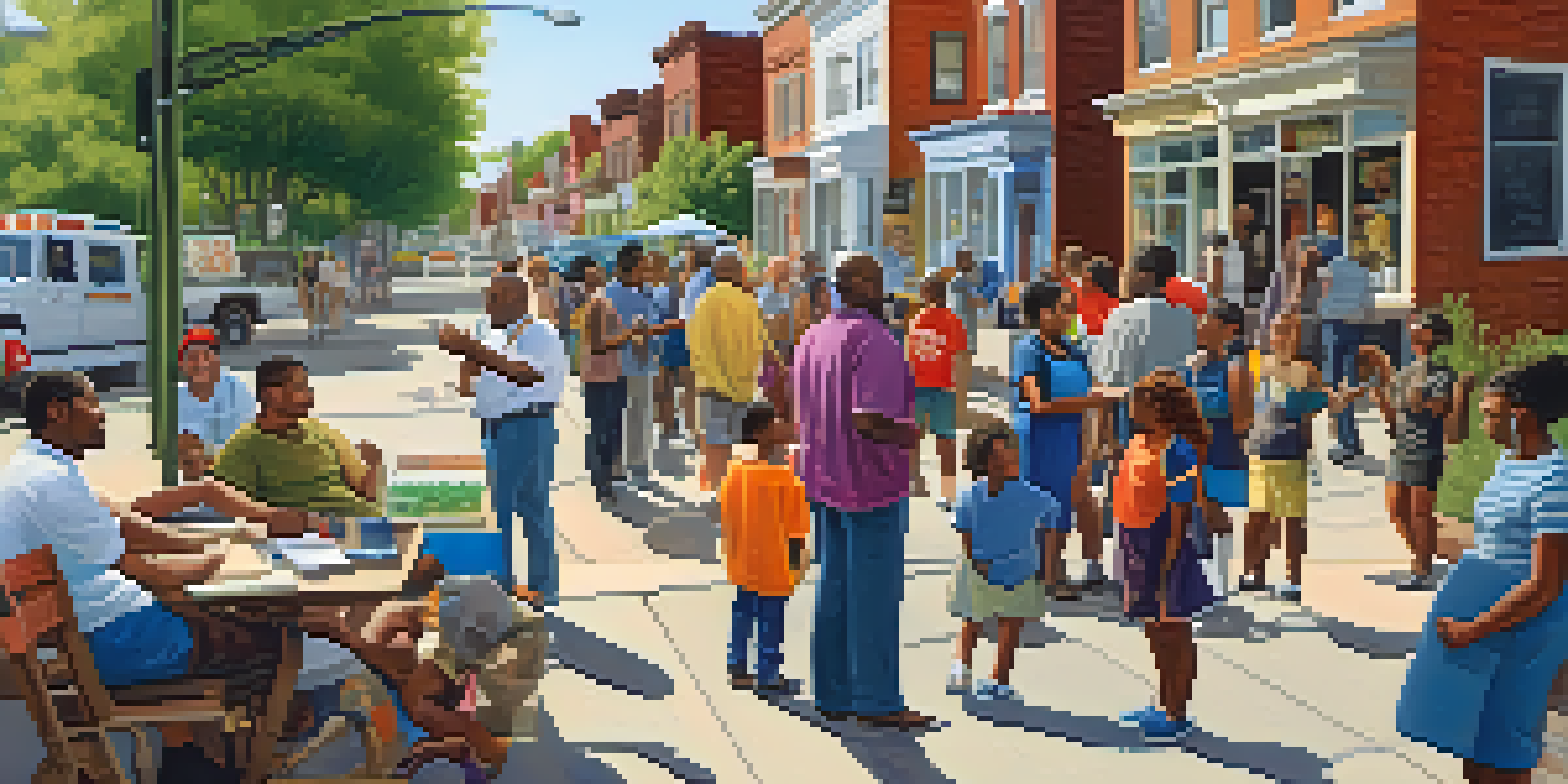 A lively community meeting in Detroit with diverse residents discussing neighborhood safety on a sunny day.