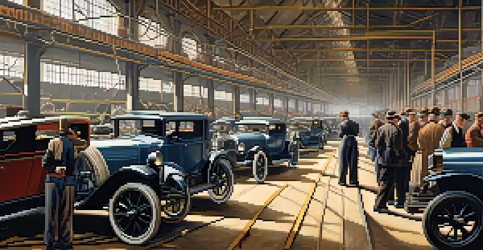 A historical depiction of a Detroit factory with workers assembling cars on an assembly line, showcasing vintage machinery and Model T cars.