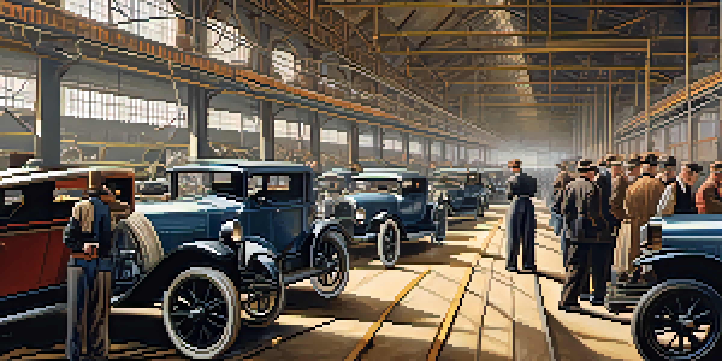 A historical depiction of a Detroit factory with workers assembling cars on an assembly line, showcasing vintage machinery and Model T cars.