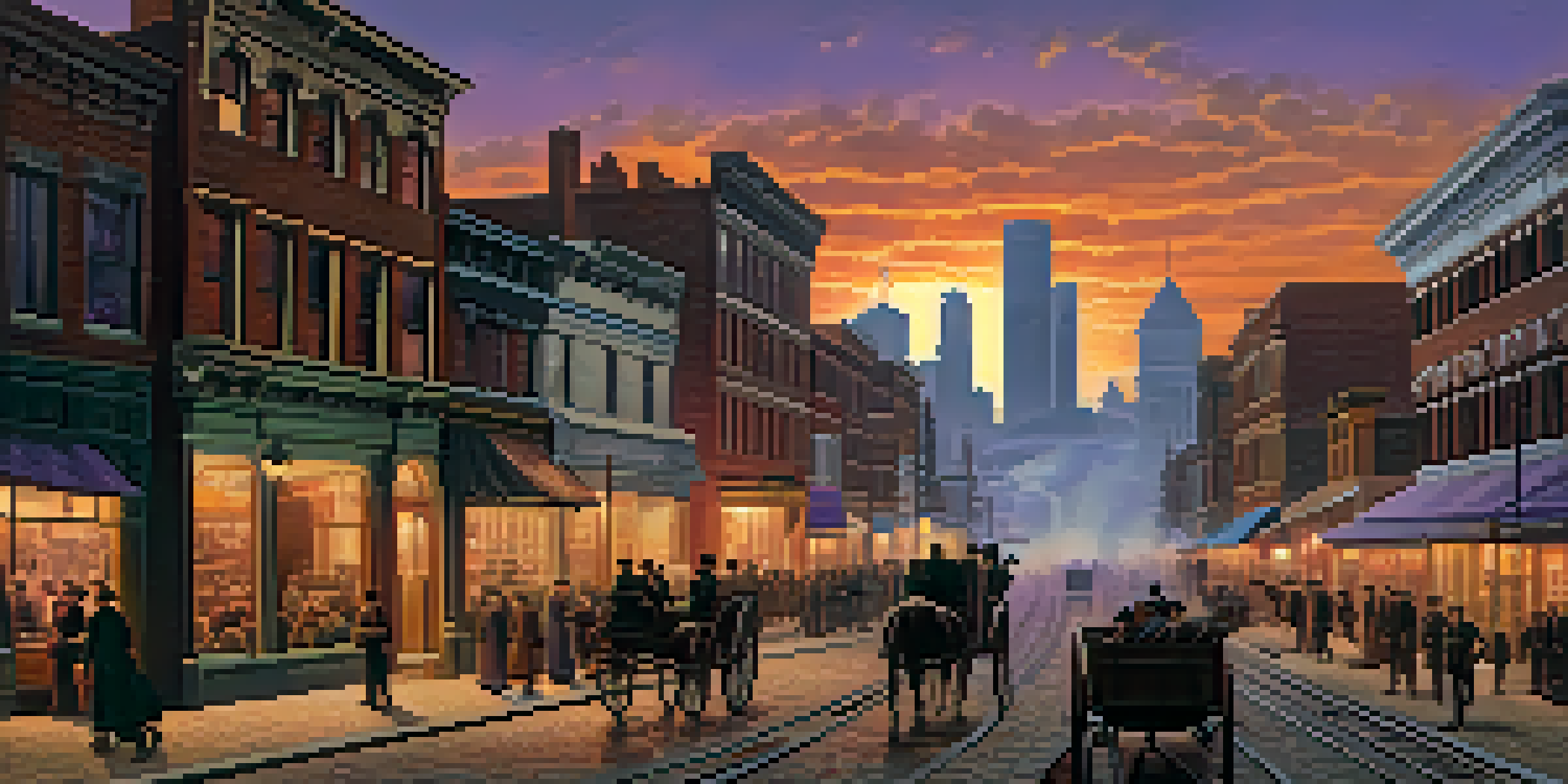 A vibrant street scene in early 1800s Detroit, featuring wooden buildings and people, with smoke rising in the background during sunset.