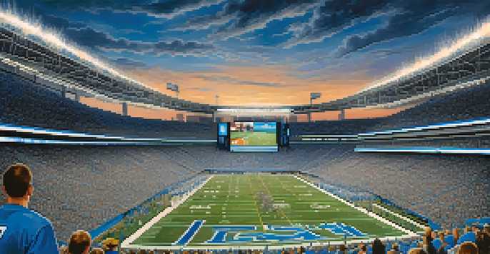 A lively Detroit Lions football game at Ford Field, filled with enthusiastic fans in blue and silver jerseys, under bright stadium lights.