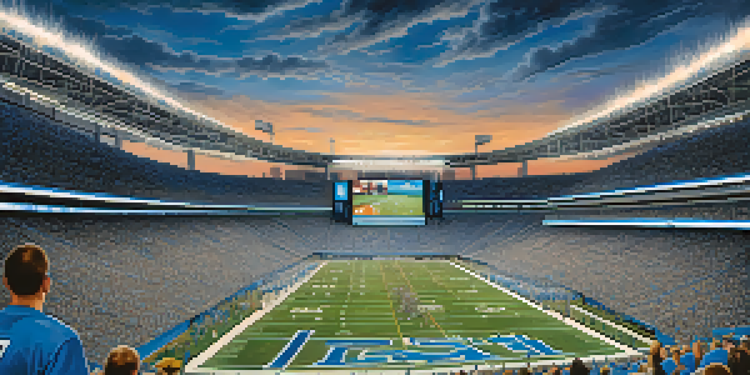 A lively Detroit Lions football game at Ford Field, filled with enthusiastic fans in blue and silver jerseys, under bright stadium lights.