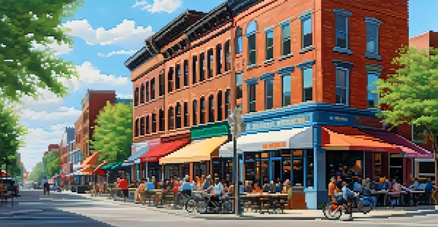 A lively street in Corktown, Detroit, featuring renovated buildings, shops, and people enjoying outdoor dining.