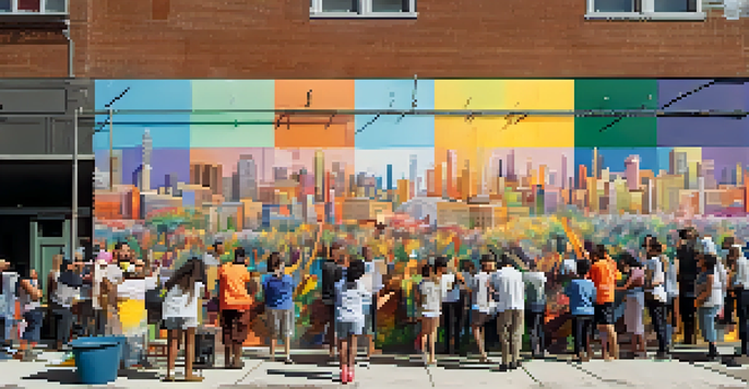 An artist creating a mural in a Detroit neighborhood with community members participating in a workshop, surrounded by colorful art supplies and soft afternoon sunlight.
