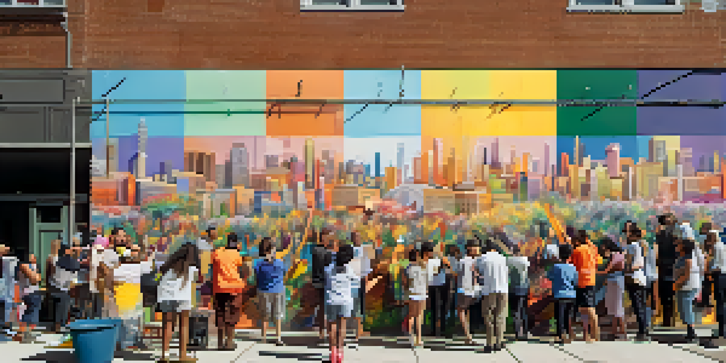 An artist creating a mural in a Detroit neighborhood with community members participating in a workshop, surrounded by colorful art supplies and soft afternoon sunlight.