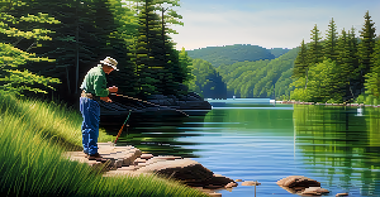 A fisherman casting a line into the Great Lakes surrounded by nature.