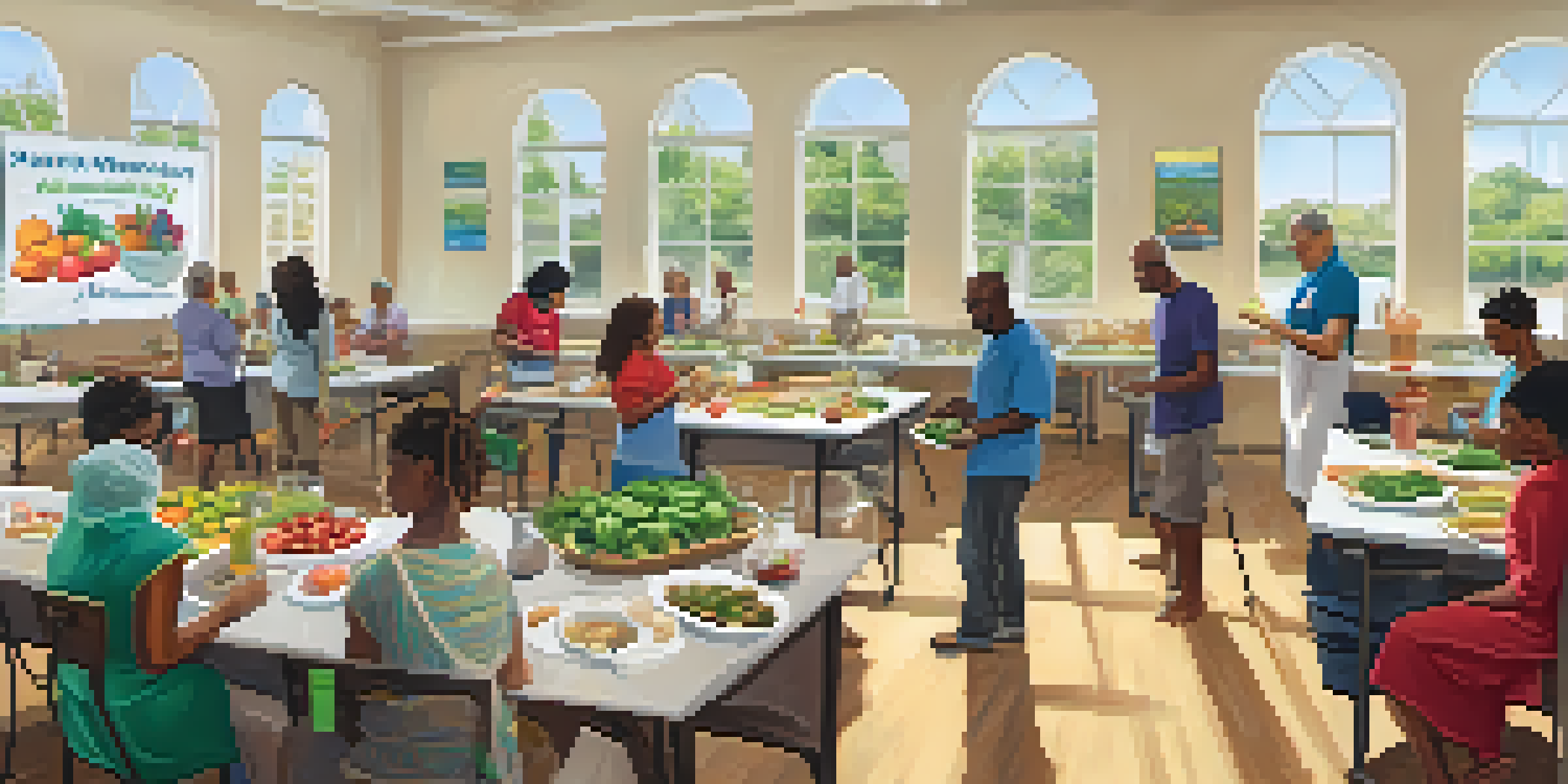 A diverse group of participants engaged in a cooking class, learning to prepare healthy meals in a bright room filled with fresh produce.