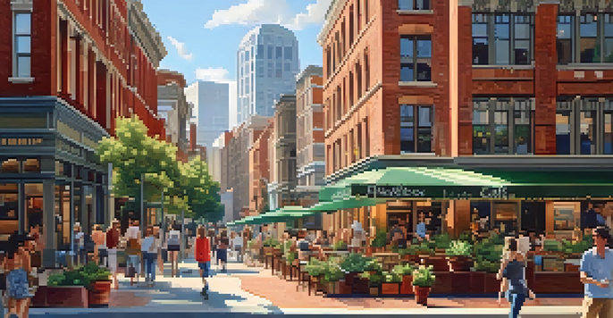 A lively urban street with a mix of old and new buildings, colorful murals, and people interacting, illuminated by warm sunlight.