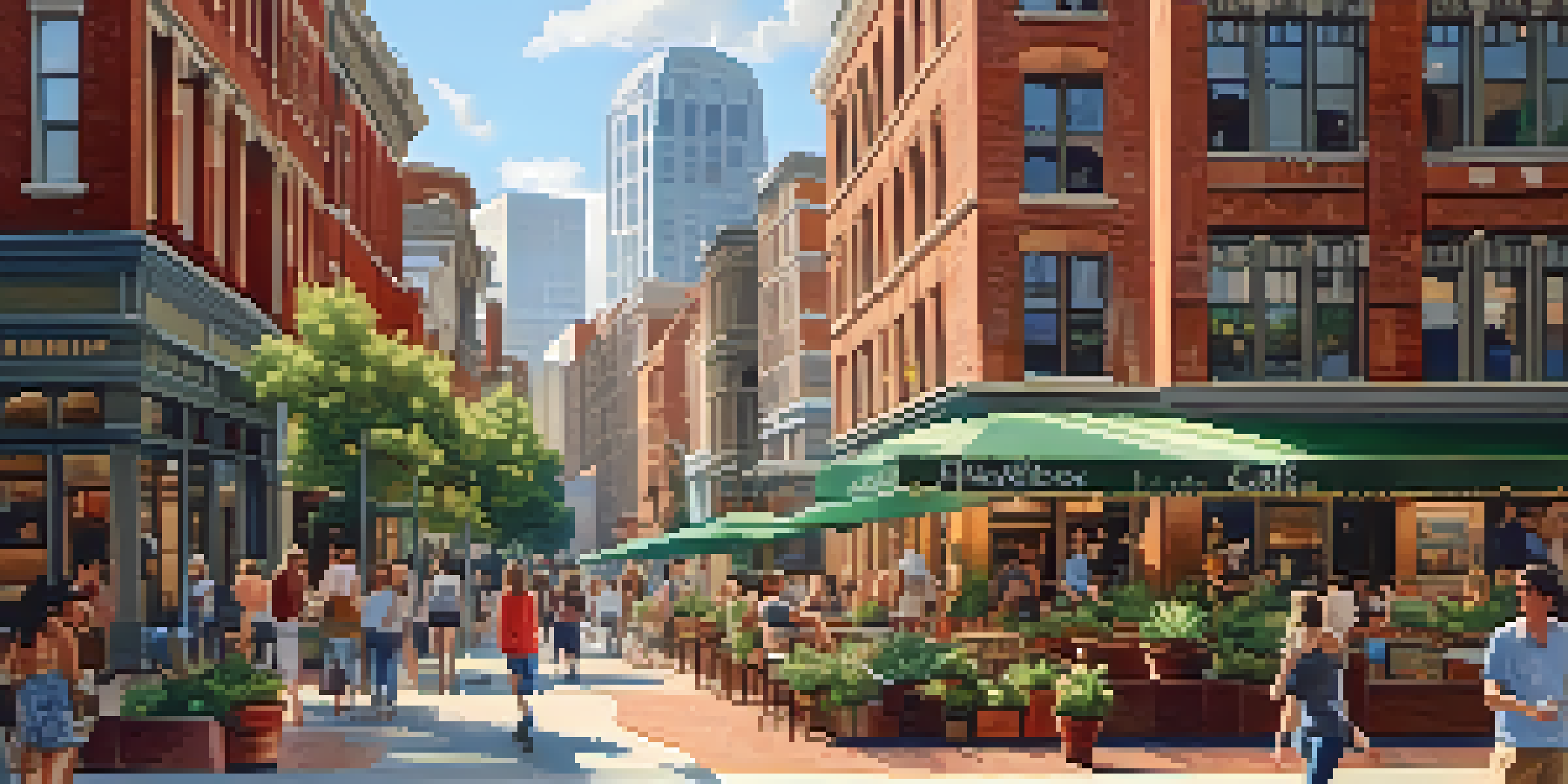 A lively urban street with a mix of old and new buildings, colorful murals, and people interacting, illuminated by warm sunlight.