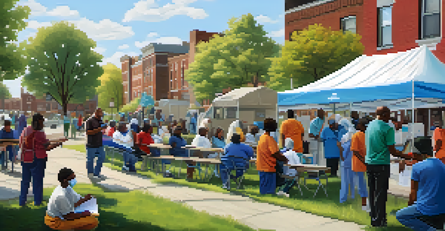 A community health worker administering vaccines in a park, with residents waiting in line during a vaccination drive in Detroit.