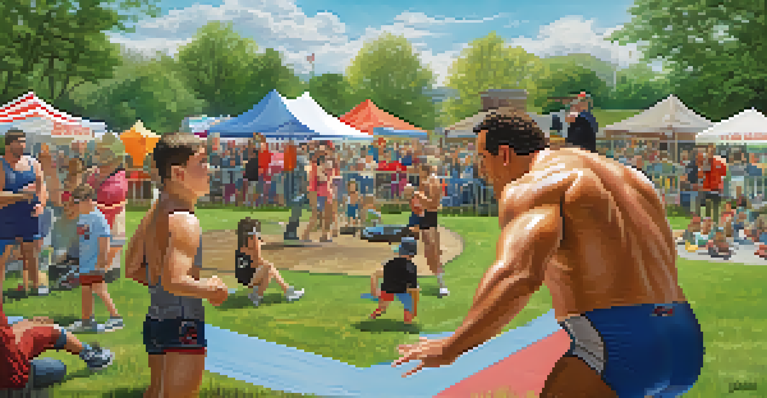 A community wrestling event in a park with families interacting with wrestlers, creating a friendly atmosphere.