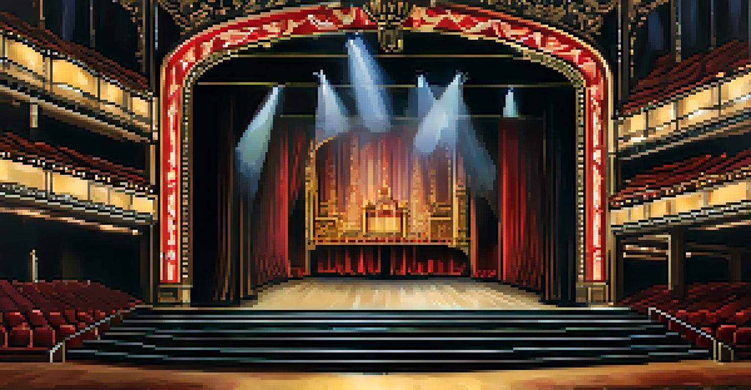 Backstage view of the Fox Theatre, showing stage equipment and ornate curtains in a busy preparation area.