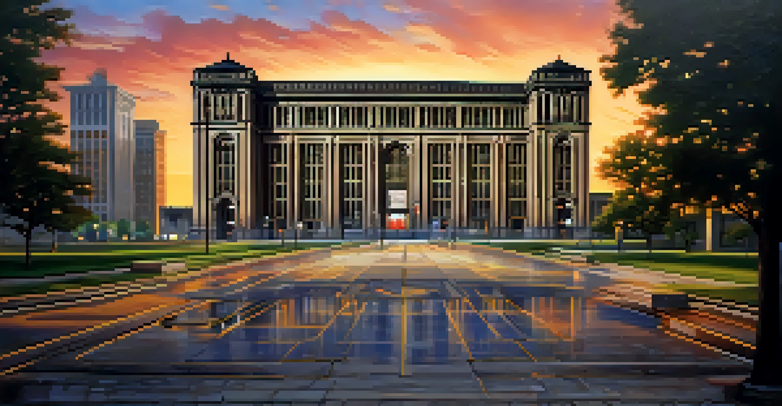 A restored Michigan Central Station with modern design elements and surrounding art installations, showcasing the blend of history and innovation.
