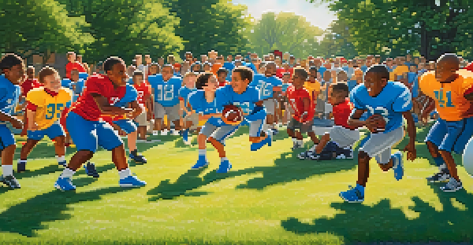 A lively youth football camp with children in colorful jerseys and Detroit Lions players coaching them in a sunny park.