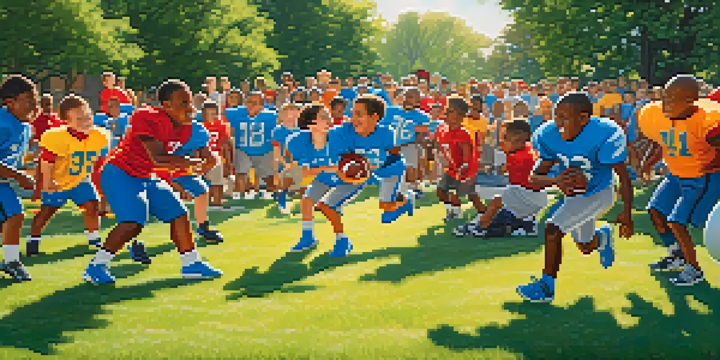A lively youth football camp with children in colorful jerseys and Detroit Lions players coaching them in a sunny park.