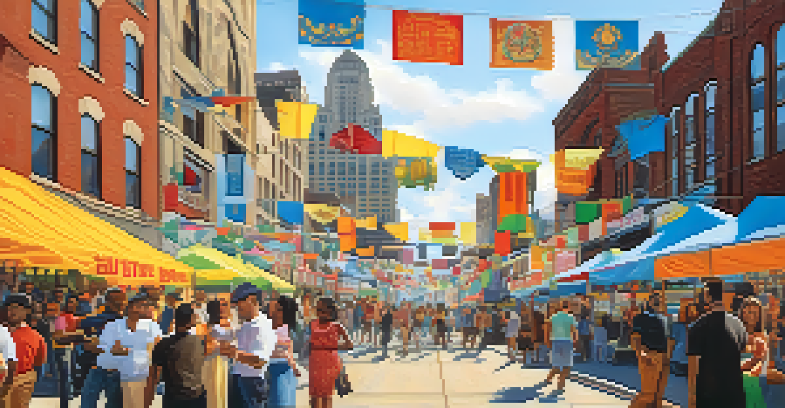 A contemporary street scene in Detroit during a cultural festival, featuring artists, musicians, and diverse crowds enjoying the festivities.