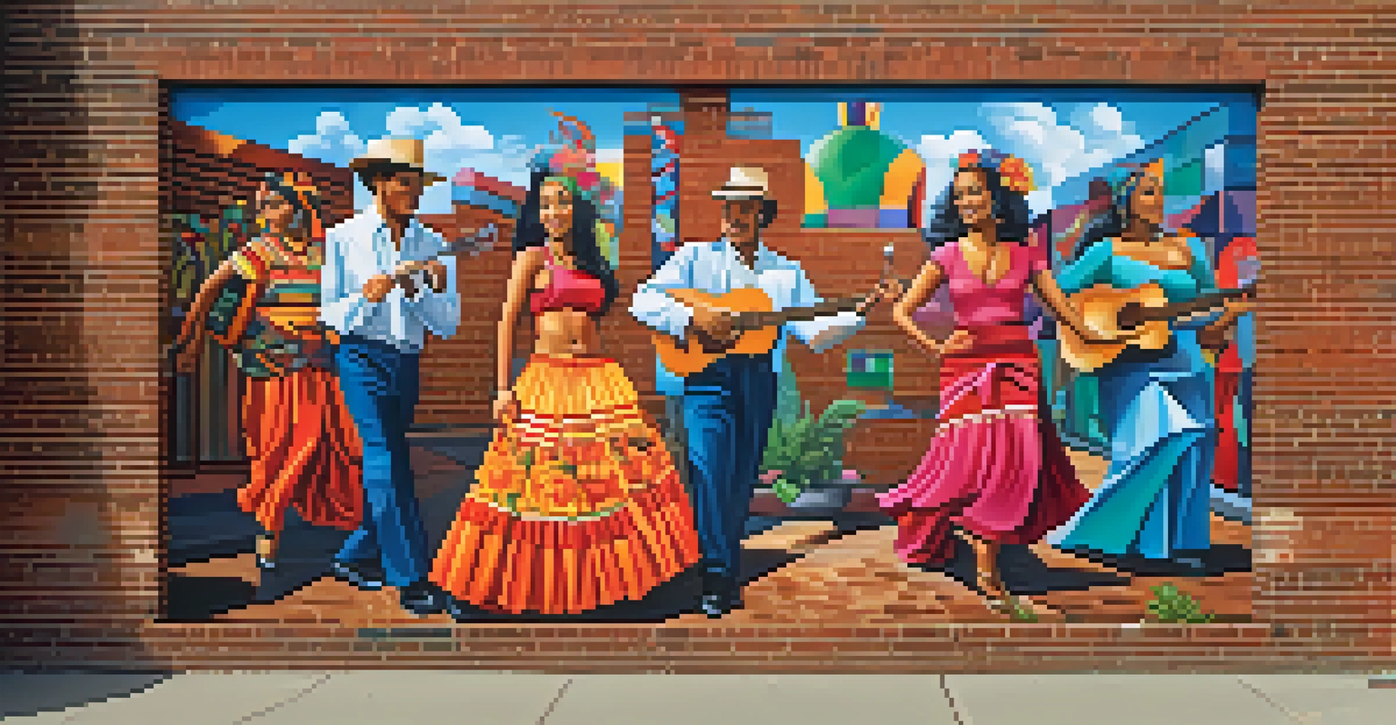A colorful mural on a brick wall in Detroit, illustrating Latino culture with dancers, instruments, and flowers in bright hues.