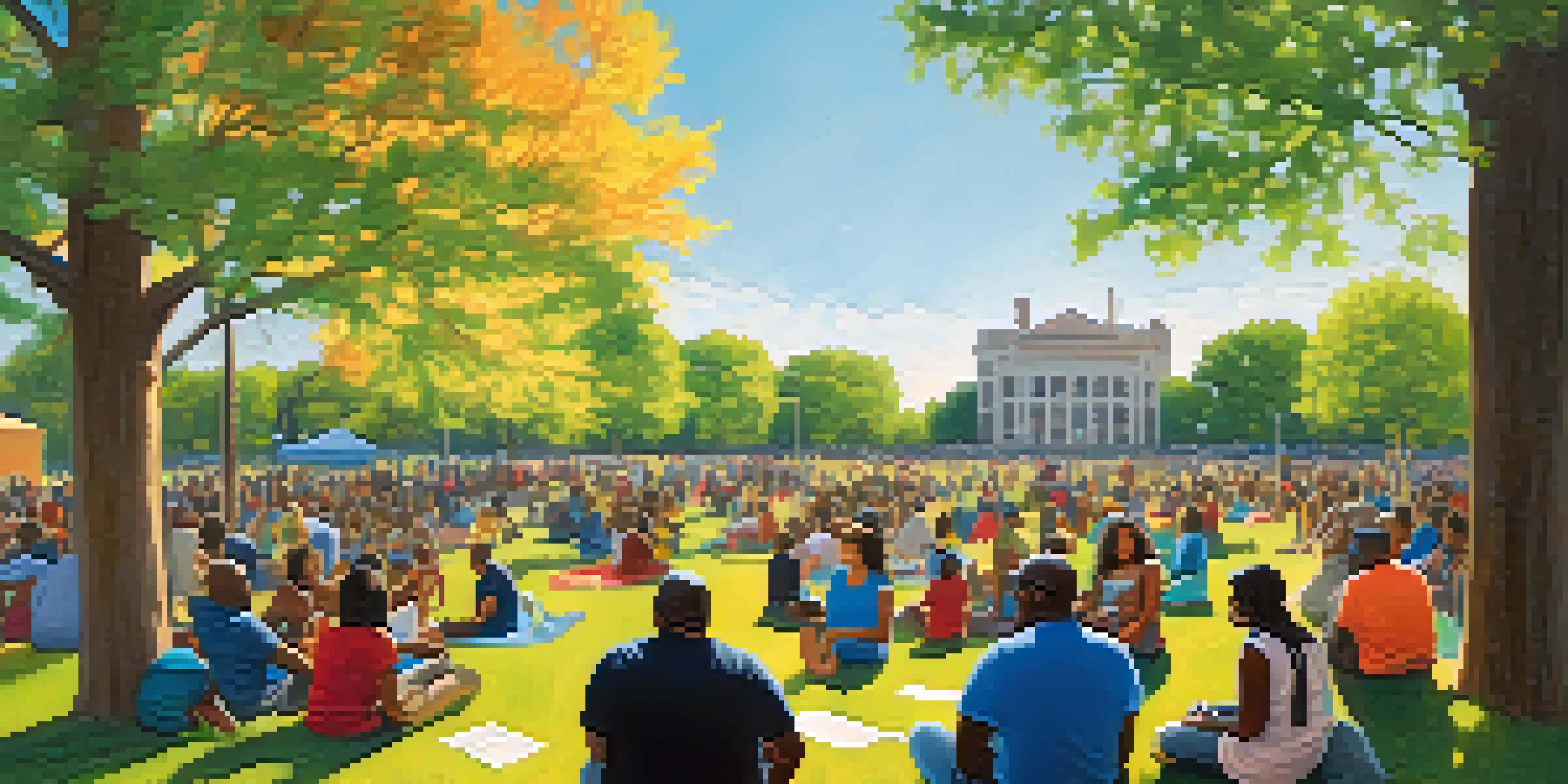 A diverse group of residents in a park discussing social justice, with colorful banners and bright sunlight filtering through trees.