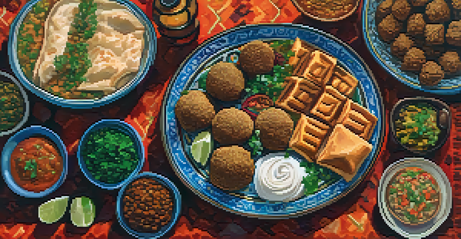 A close-up of a platter featuring Middle Eastern dishes like shawarma and baklava, arranged beautifully in a cozy restaurant setting.